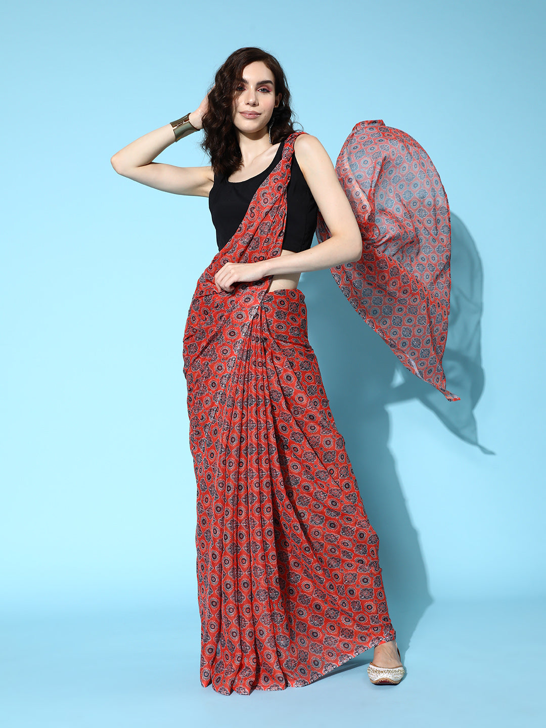 Red & Black Ajrak Block Print Poly Chiffon Saree