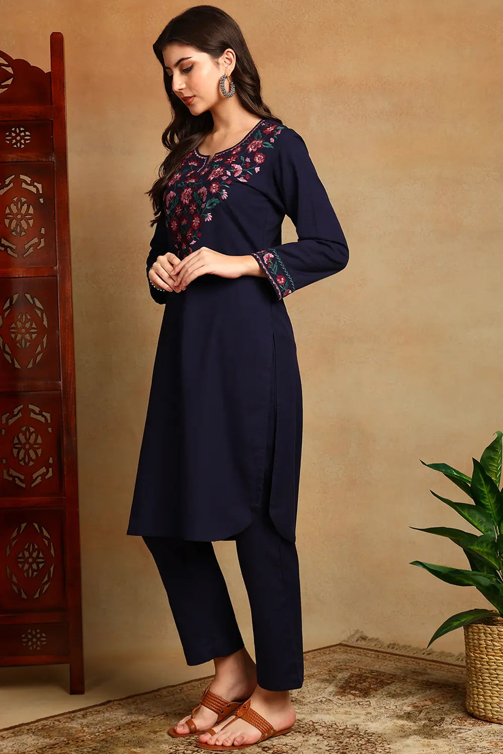 Navy Blue Embroidered Flax Linen Kurta