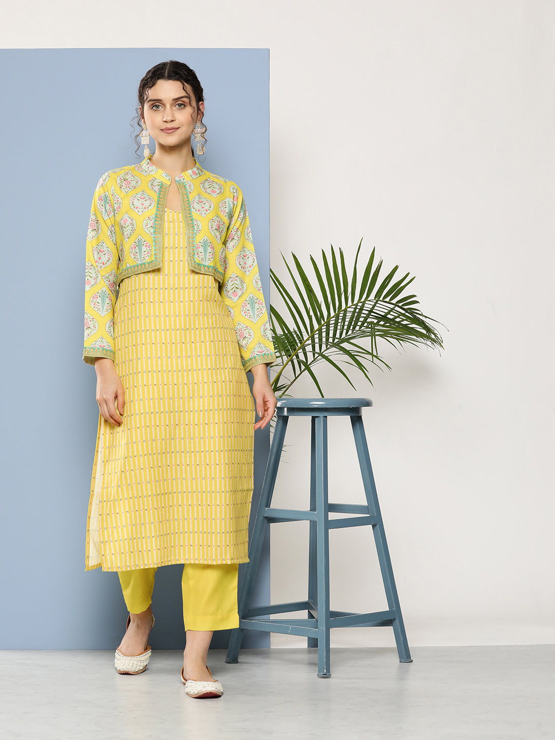 Yellow Floral Printed Pure Cotton Kurta with Trousers & Jacket