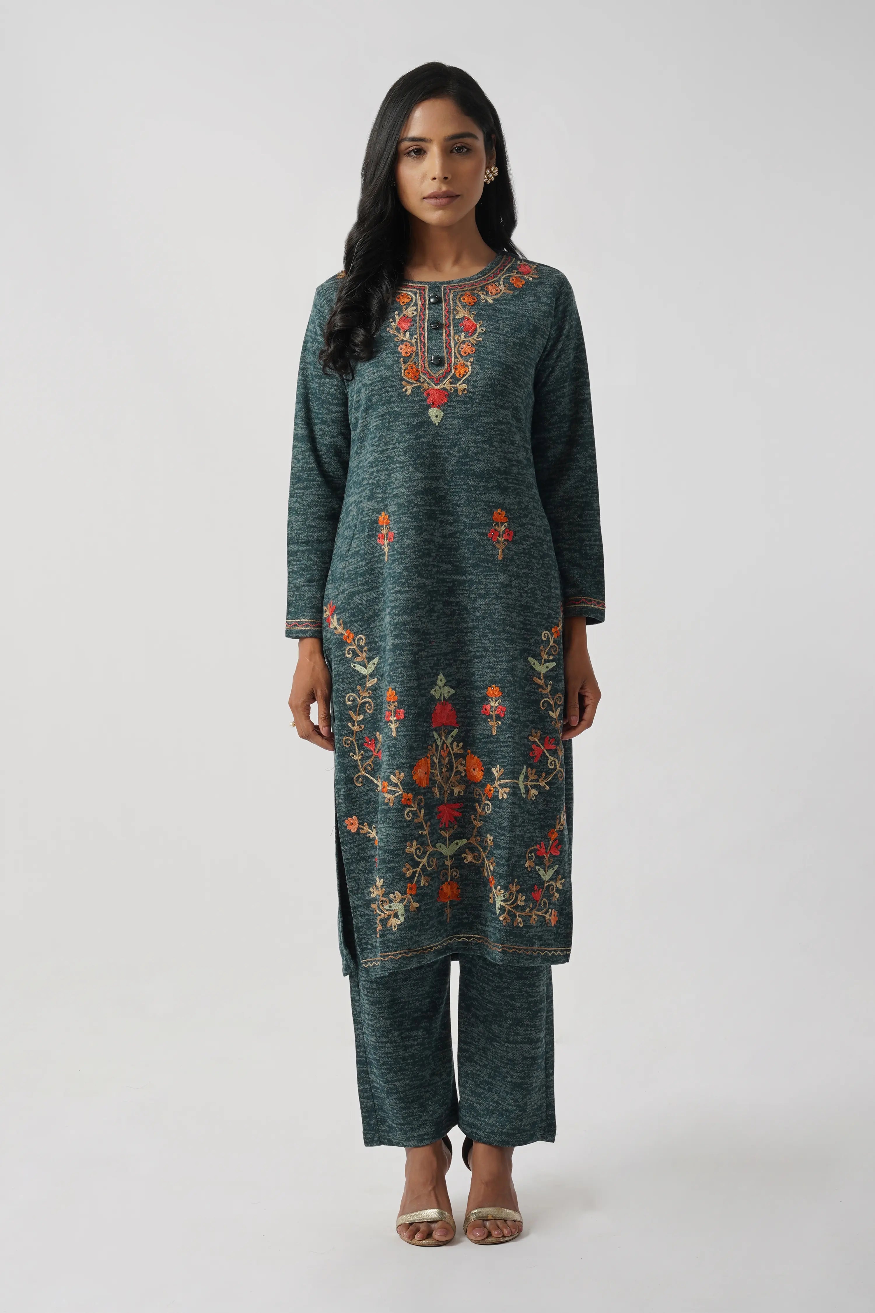 Azure Blue Karachi Wool Hand Embroidery Kurta Set