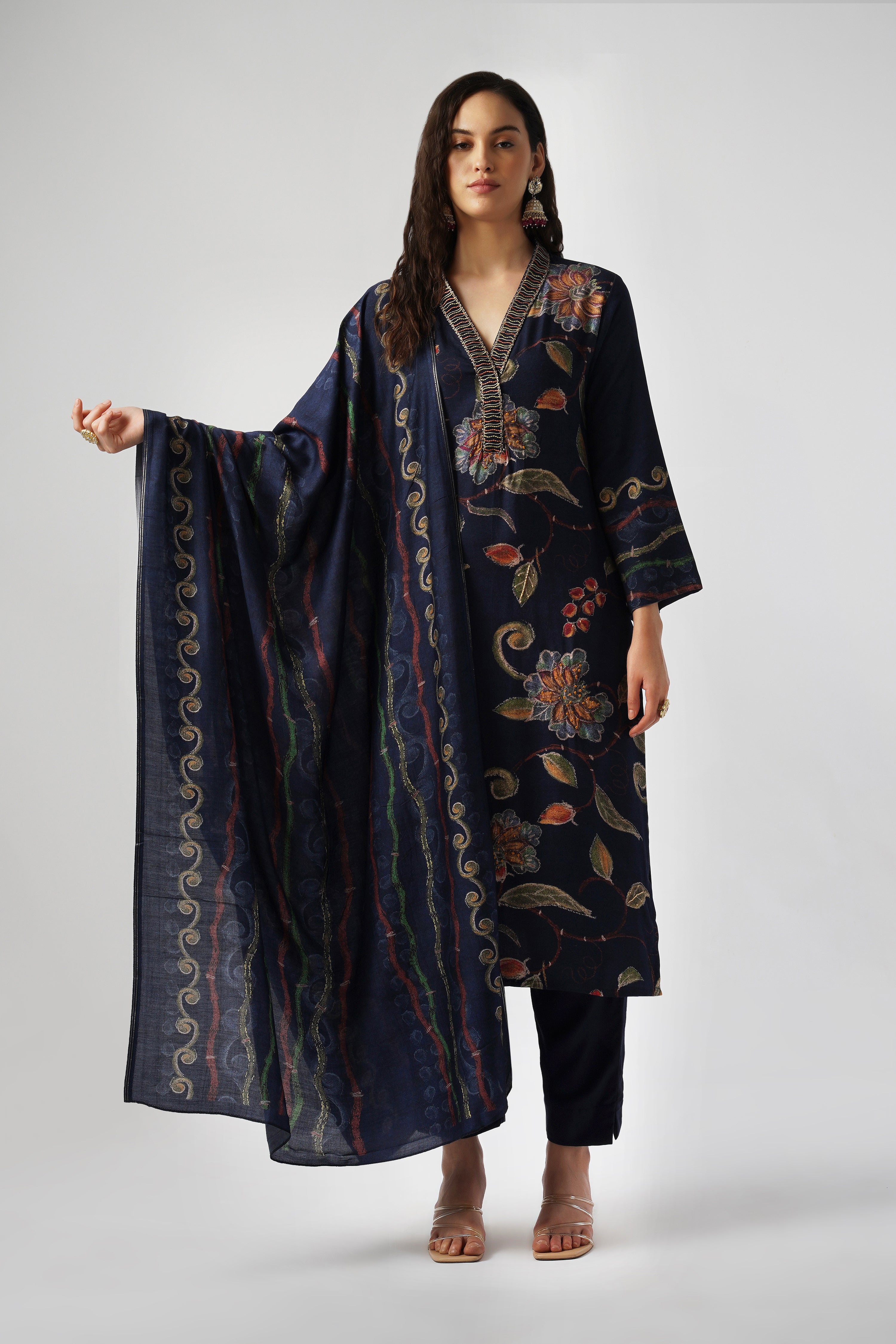 Midnight Navy Pure Pashmina Wool Designer Kurta Set with Embroidery