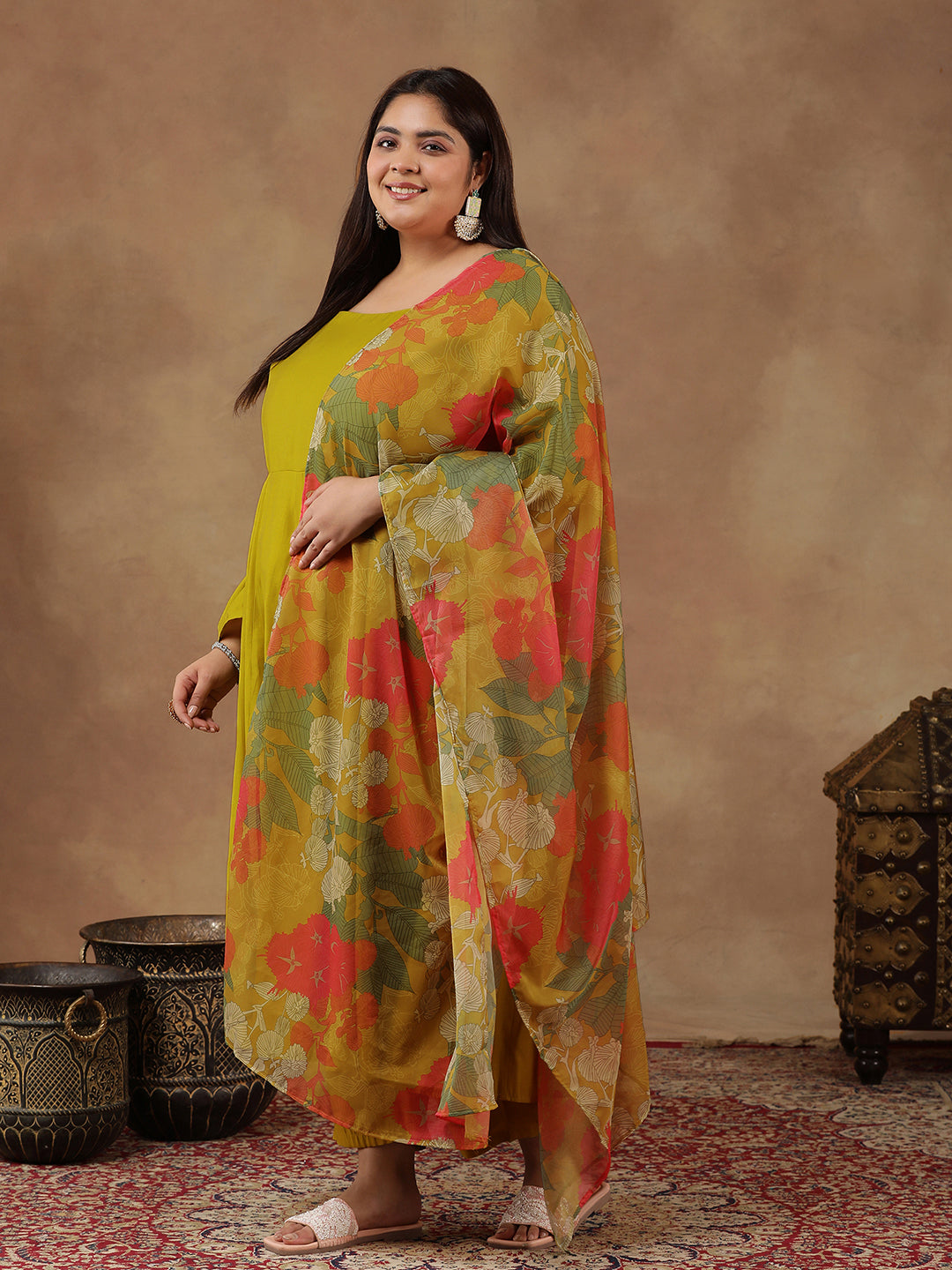 Round Neck Empire Anarkali Kurta With Trousers & Dupatta - ID