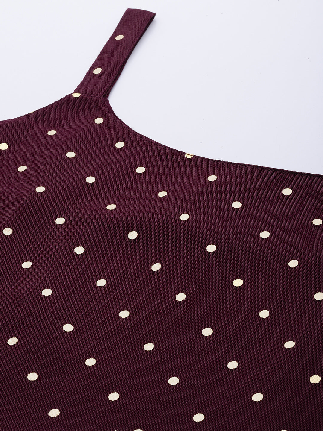 Burgundy Polka Dots Printed Net Tunic With Lace Inserts