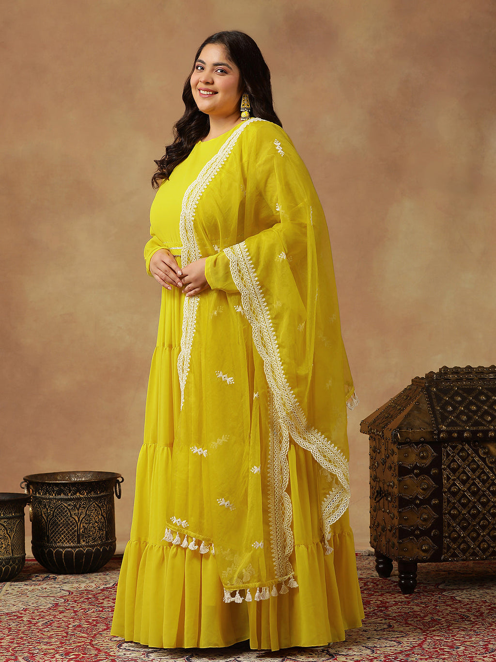 Plus Size Round Neck Georgette Zari Tiered Anarkali Kurta With Dupatta & Belt - ID