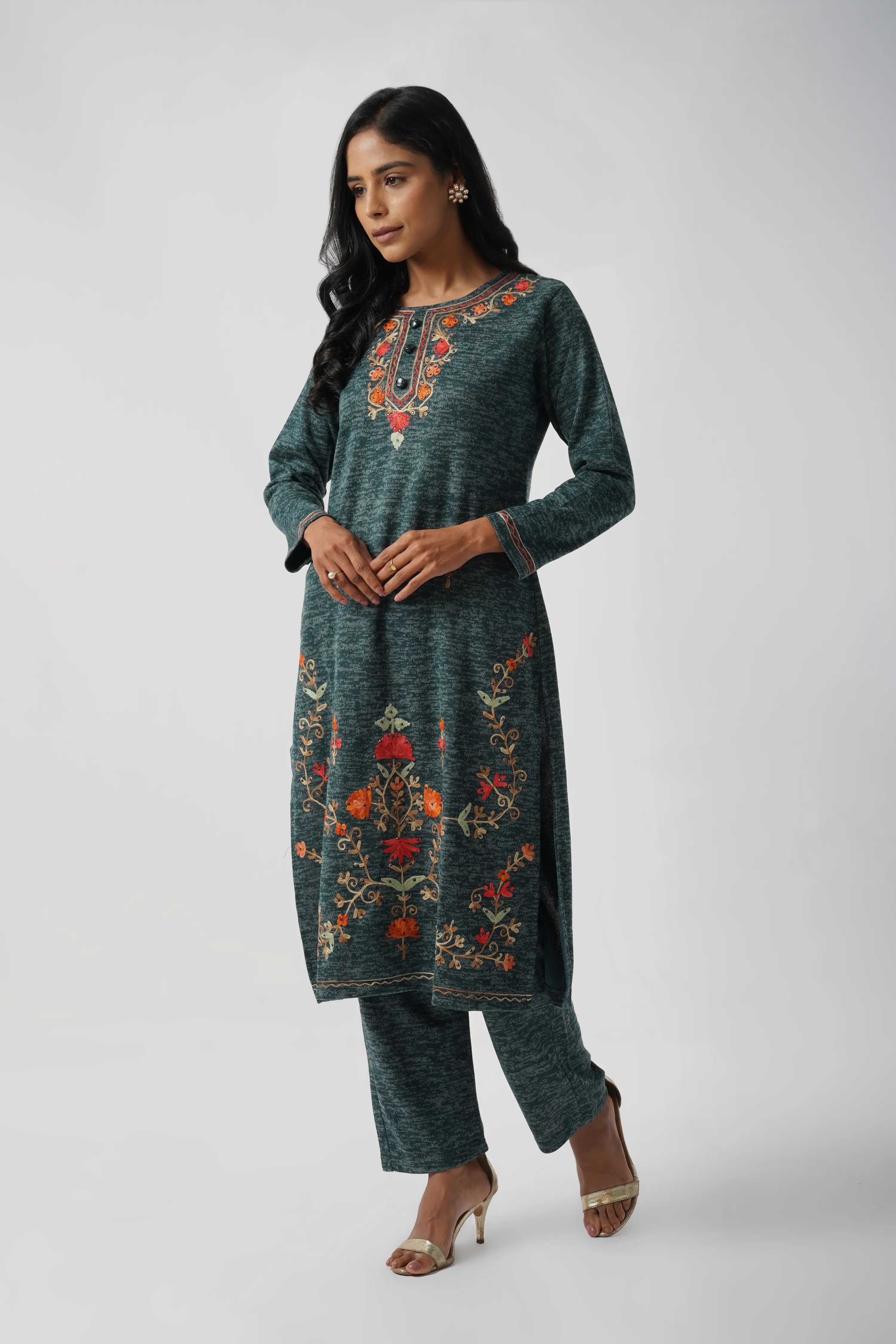 Azure Blue Karachi Wool Hand Embroidery Kurta Set