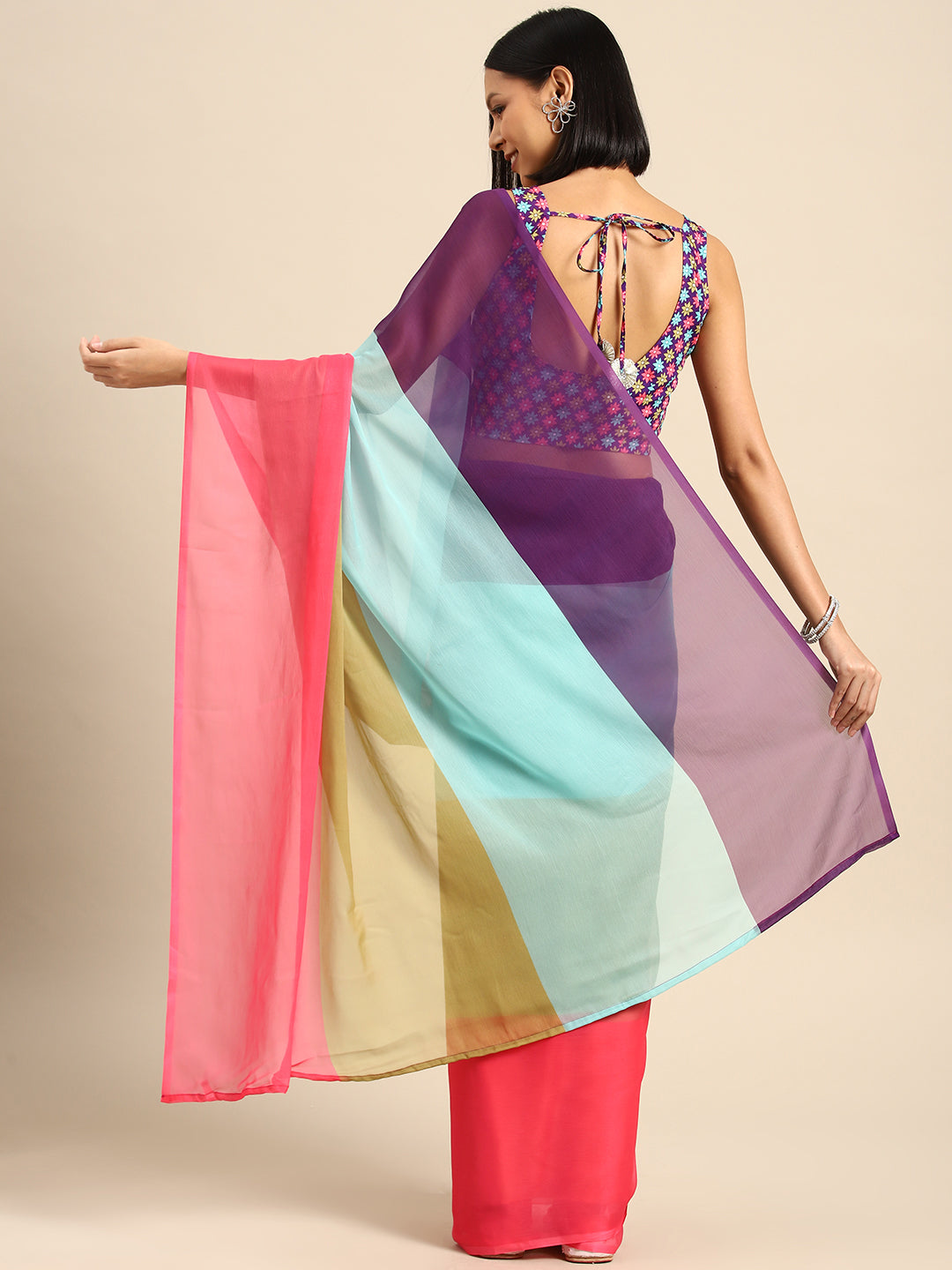 Purple & Turquoise Colourblocked Poly Chiffon Saree