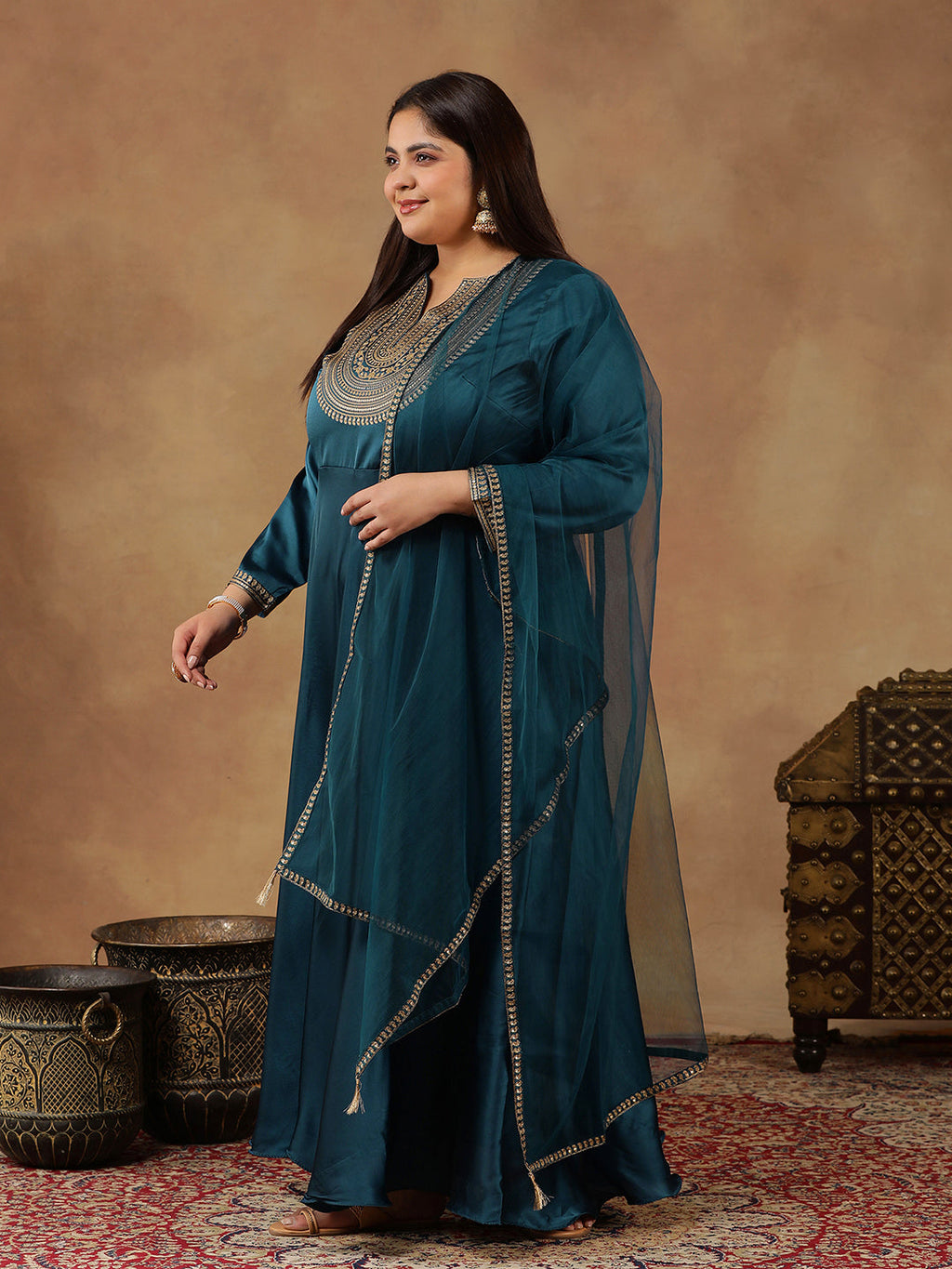 Floral Yoke Design Sequinned Satin Anarkali Kurta with Dupatta - ID