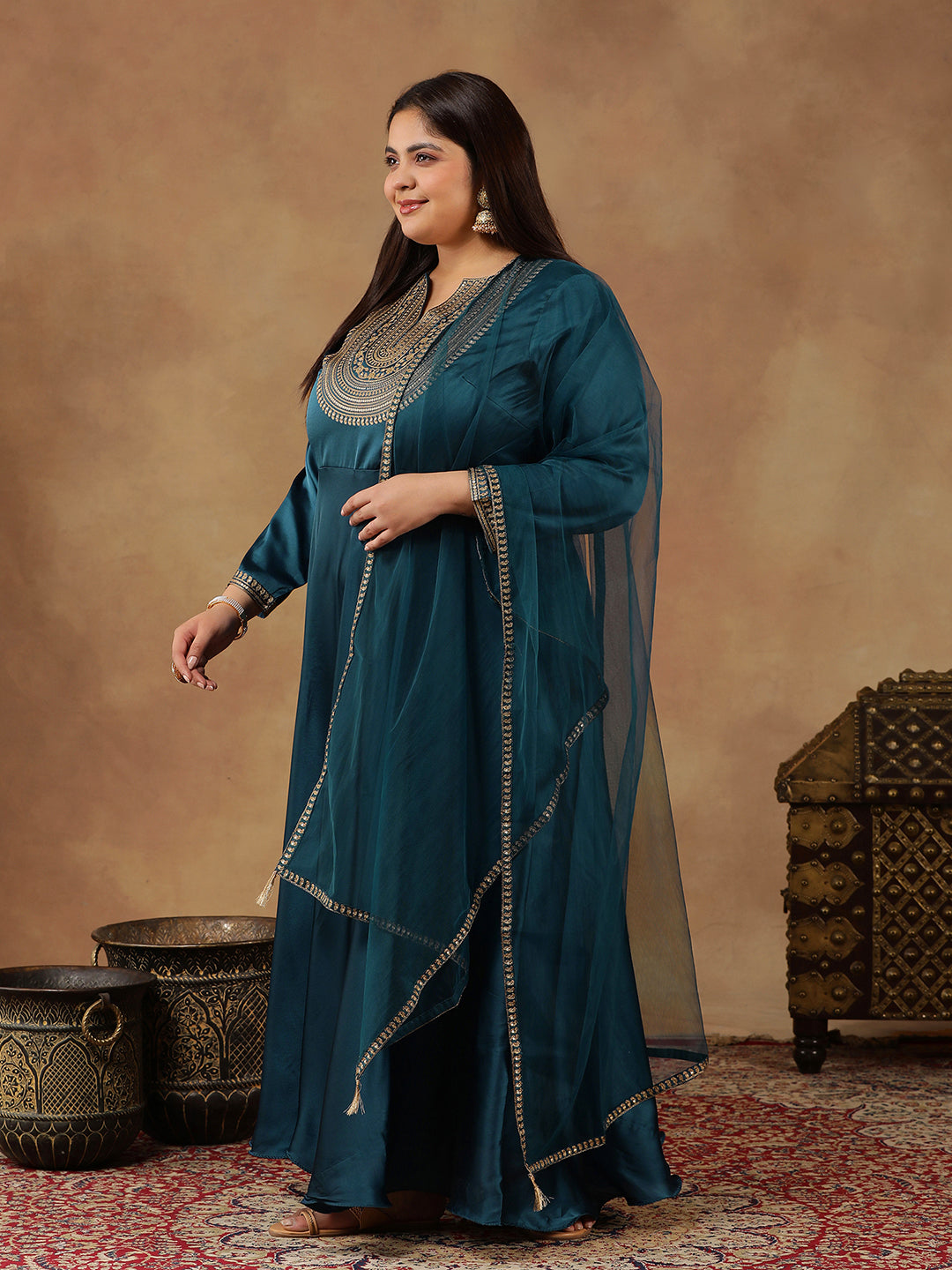 Floral Yoke Design Sequinned Satin Anarkali Kurta with Dupatta - ID