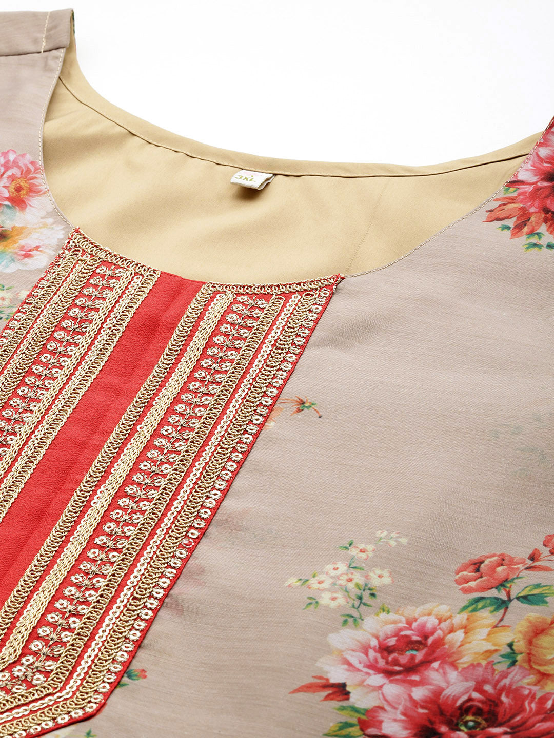 Tan Floral Printed Plus Size Kurta with Trousers