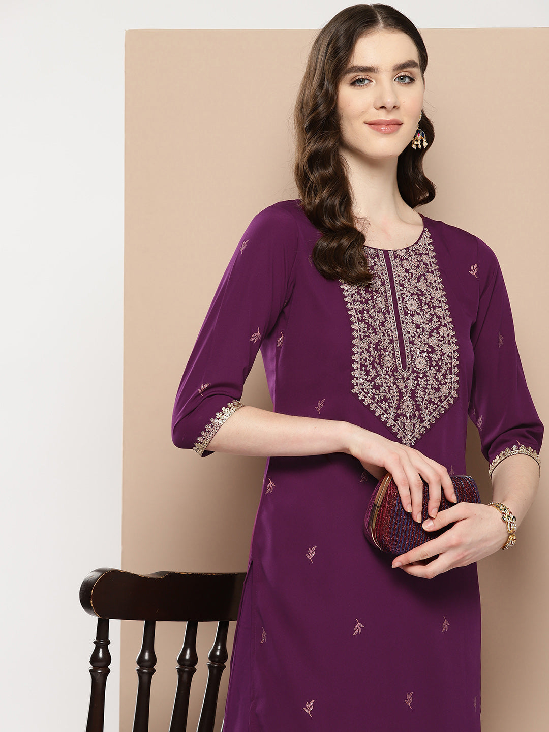 Burgundy Floral Yoke Design Kurta with Palazzos