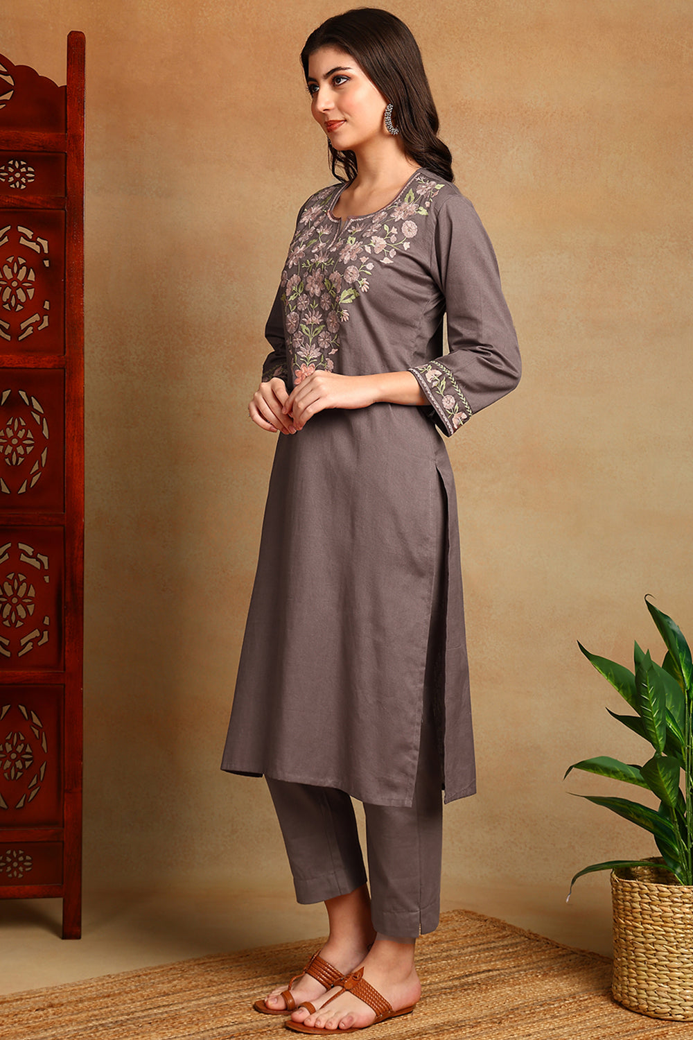 Brown Embroidered Flax Linen Kurta