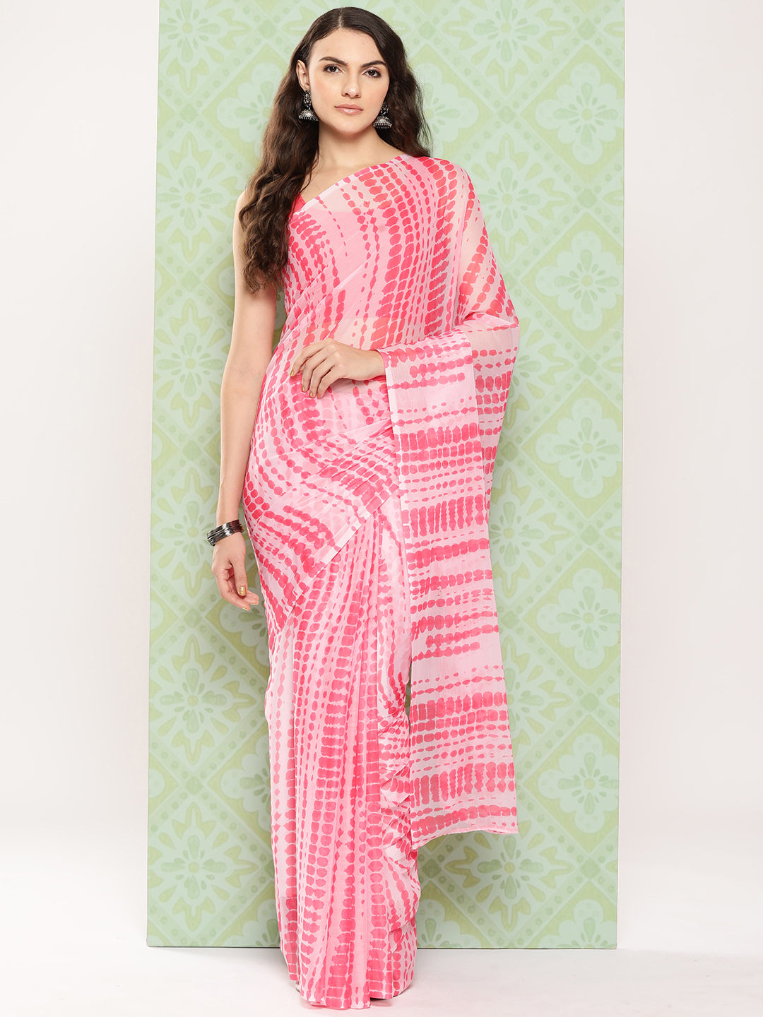 Pink & White Poly Chiffon Saree