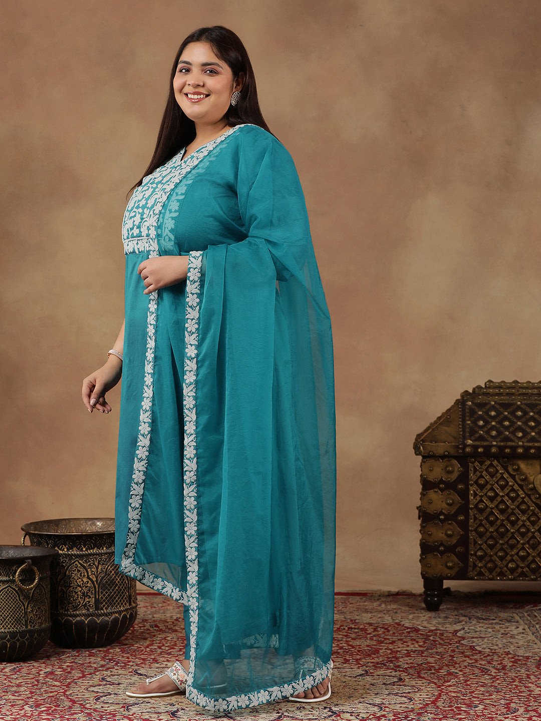 Plus Size  Floral Yoke Design Thread Work Straight Kurta With Trouser & Dupatta - ID