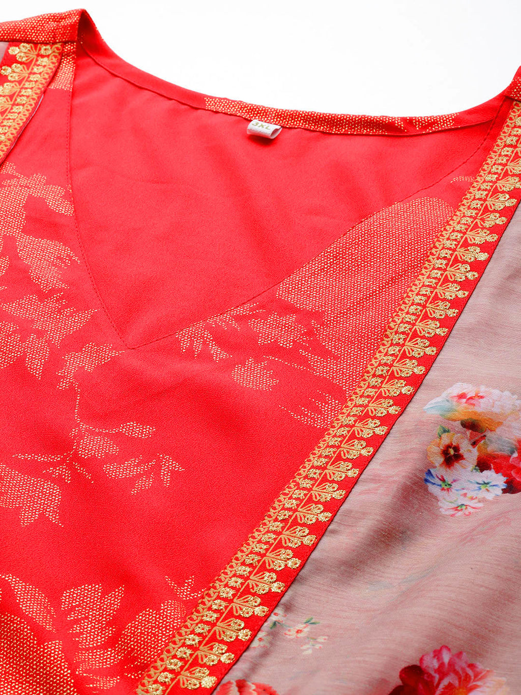 Red and Tan Floral Printed Plus Size A-Line Maxi Dress-AH