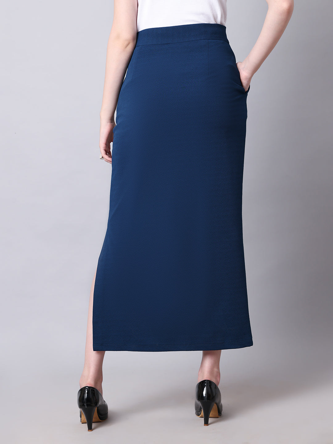 Exude Statement Piece Long Black Skirt with Side Slit Royal Blue