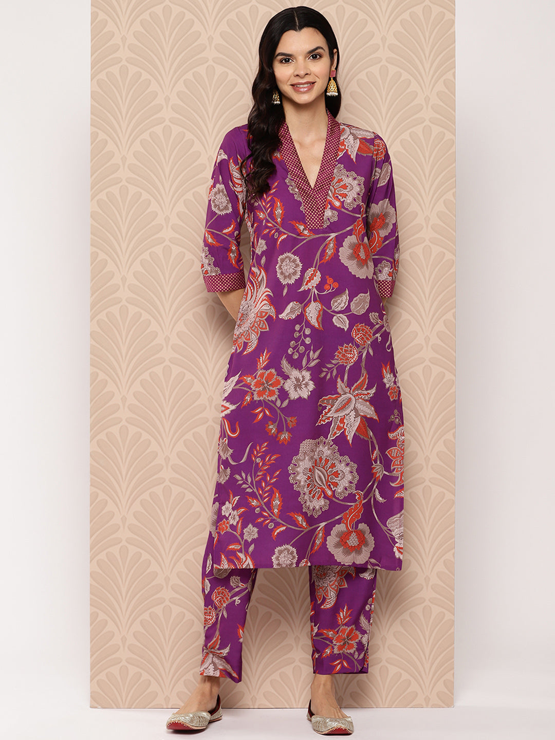 Purple Floral Printed Regular Kurta with Trousers