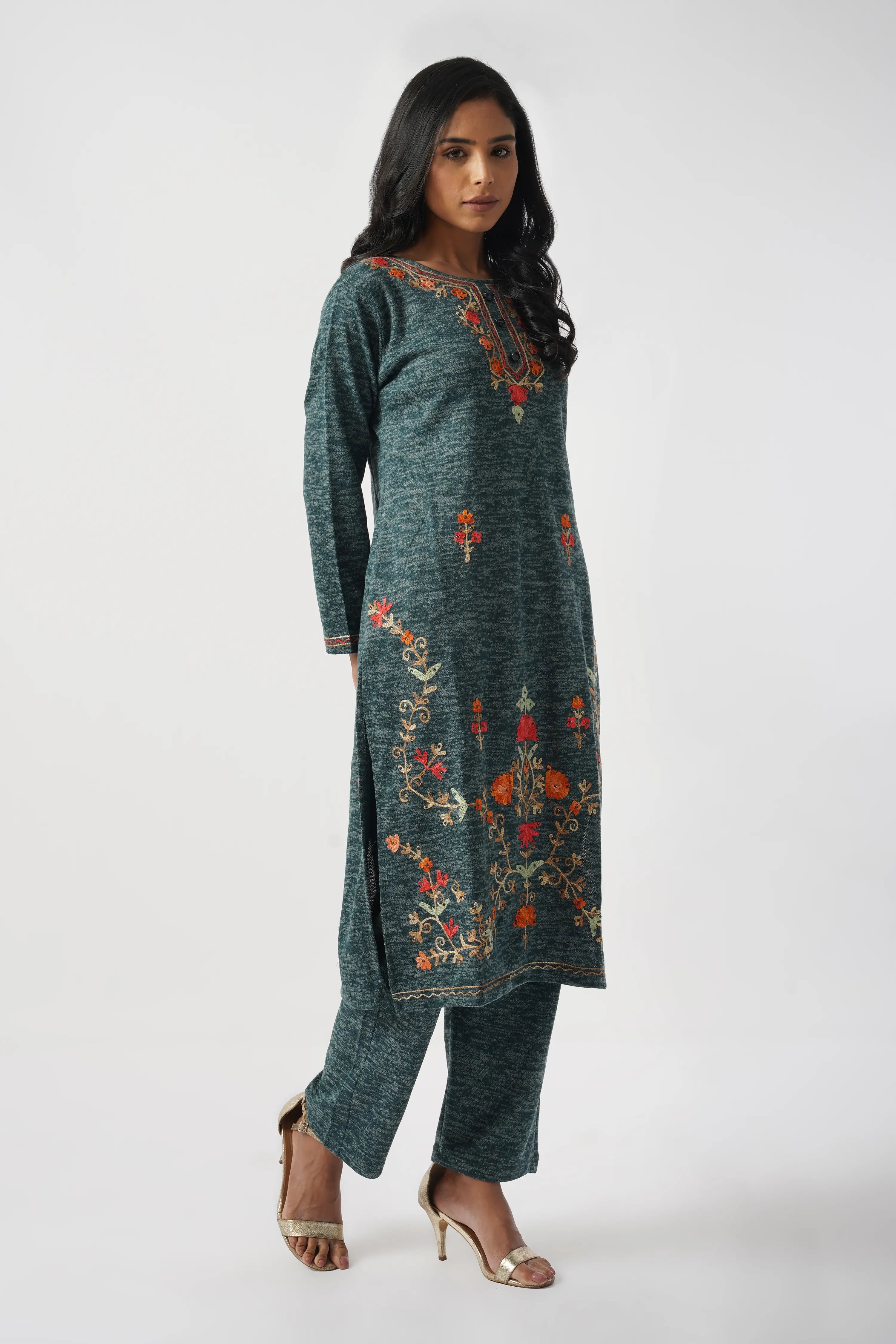 Azure Blue Karachi Wool Hand Embroidery Kurta Set