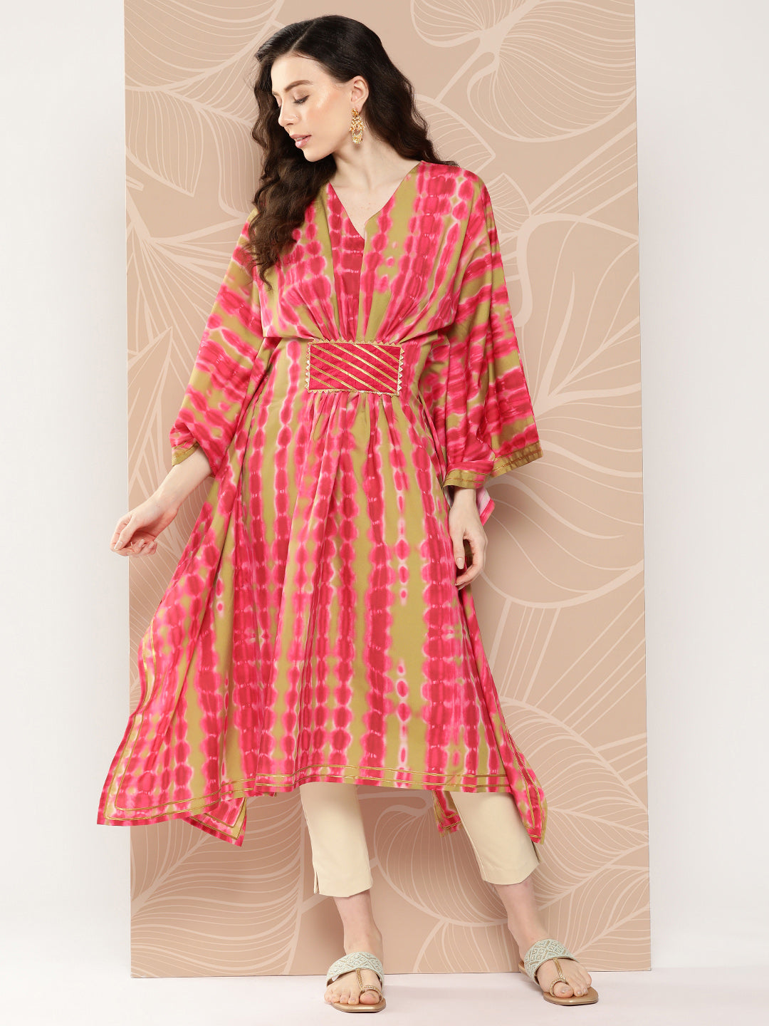 Pink Printed Gotta Patti Belted Detail Kaftan Kurta