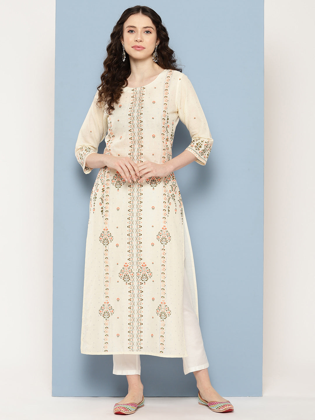 Off White Floral Printed Pure Cotton Kurta