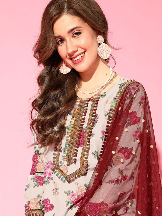 Beige Floral Printed Regular Gotta Patti Kurta with Palazzos & With Dupatta