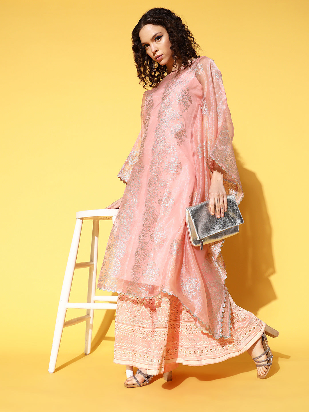 Pink & Gold Printed Gotta Patti Organza Kaftan Kurta