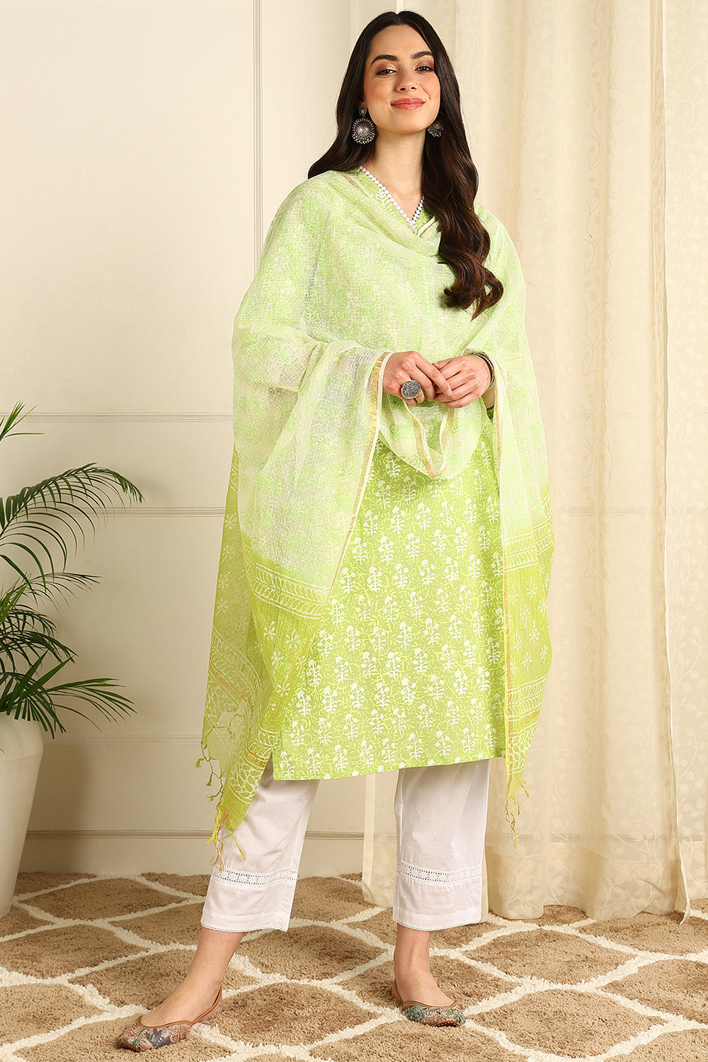 Parrot Green Khari & Hand Block Kota Doria Dupatta