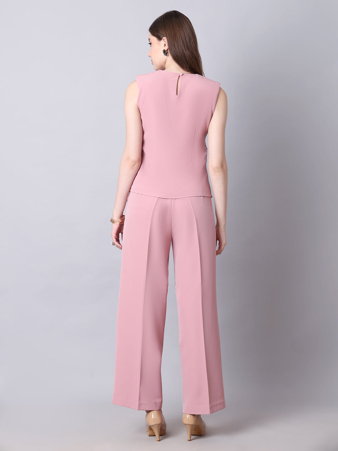 Exude Warrior Queen Side and Shoulder Pleat Top Paired with Wide Leg Trousers