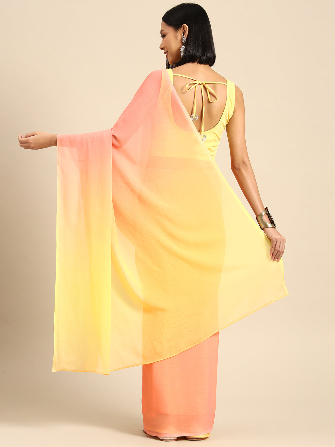 Peach & Yellow Ombre Dyed Poly Chiffon Saree