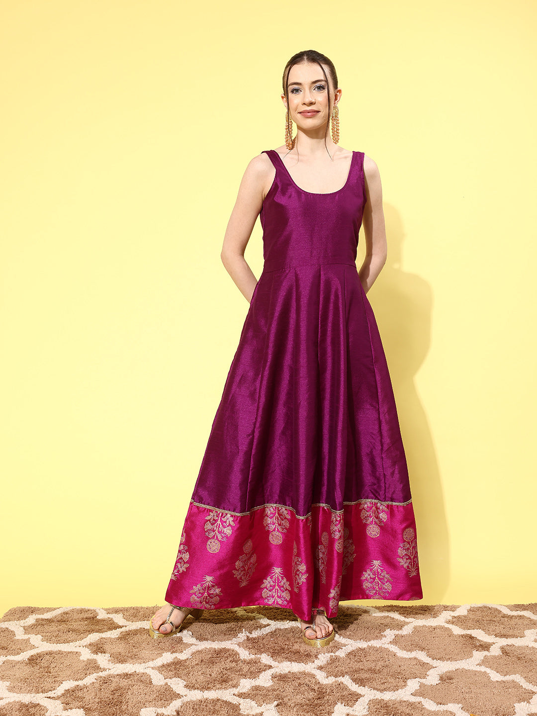 Purple Poly Silk Printed Maxi Dress