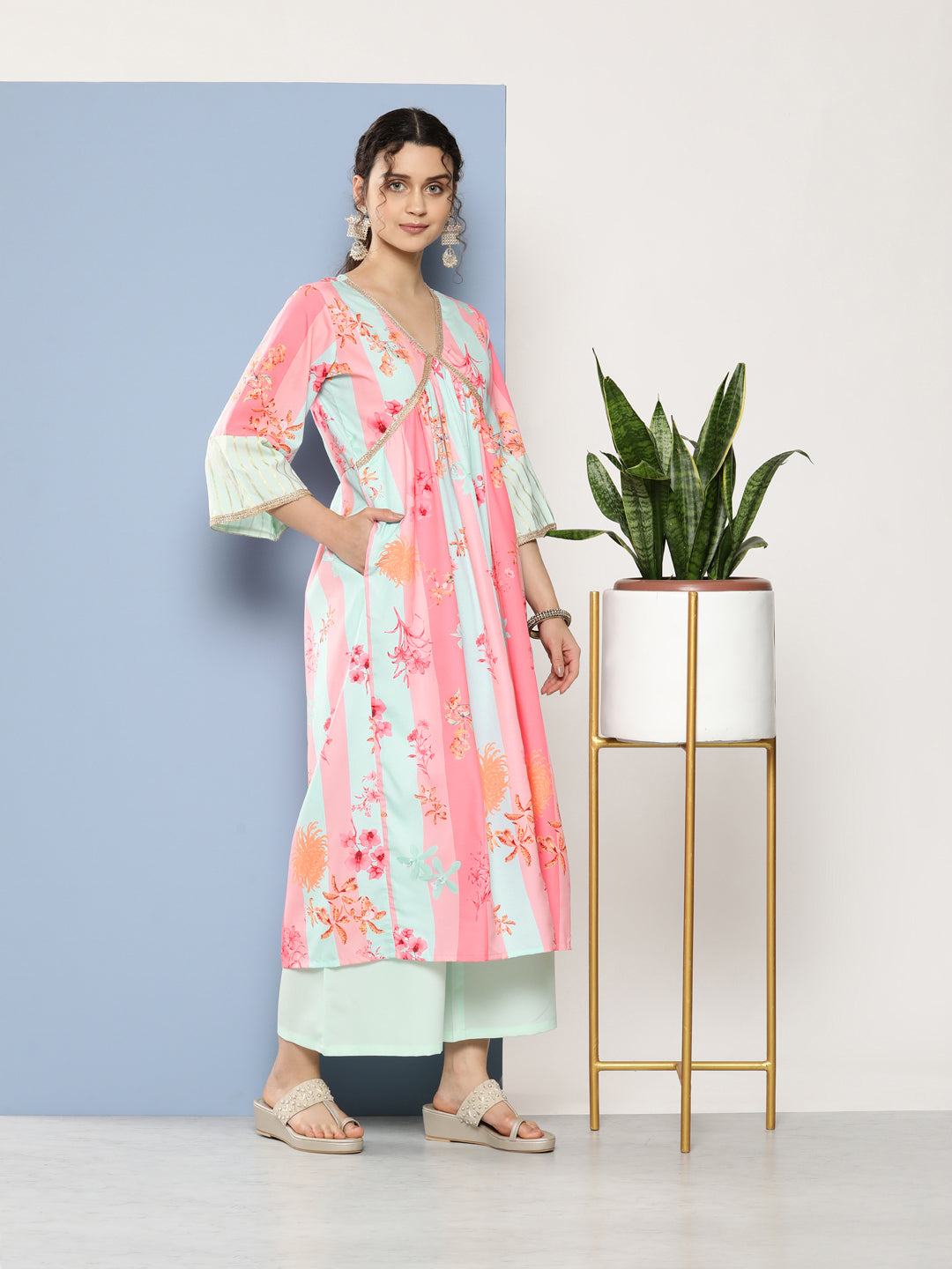 Pink & Blue Floral Printed Pleated Gotta Patti Kurta With Palazzos