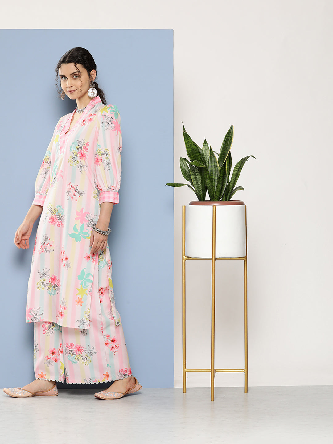 Pink Floral Printed Gotta Patti Kurta with Palazzos