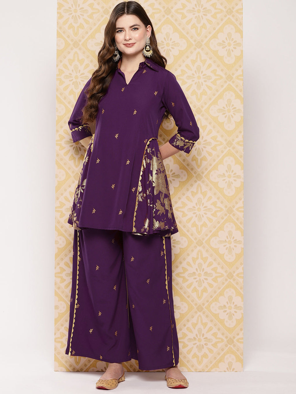 Burgundy Floral Printed Ethnic Tunic with Palazzos-AH