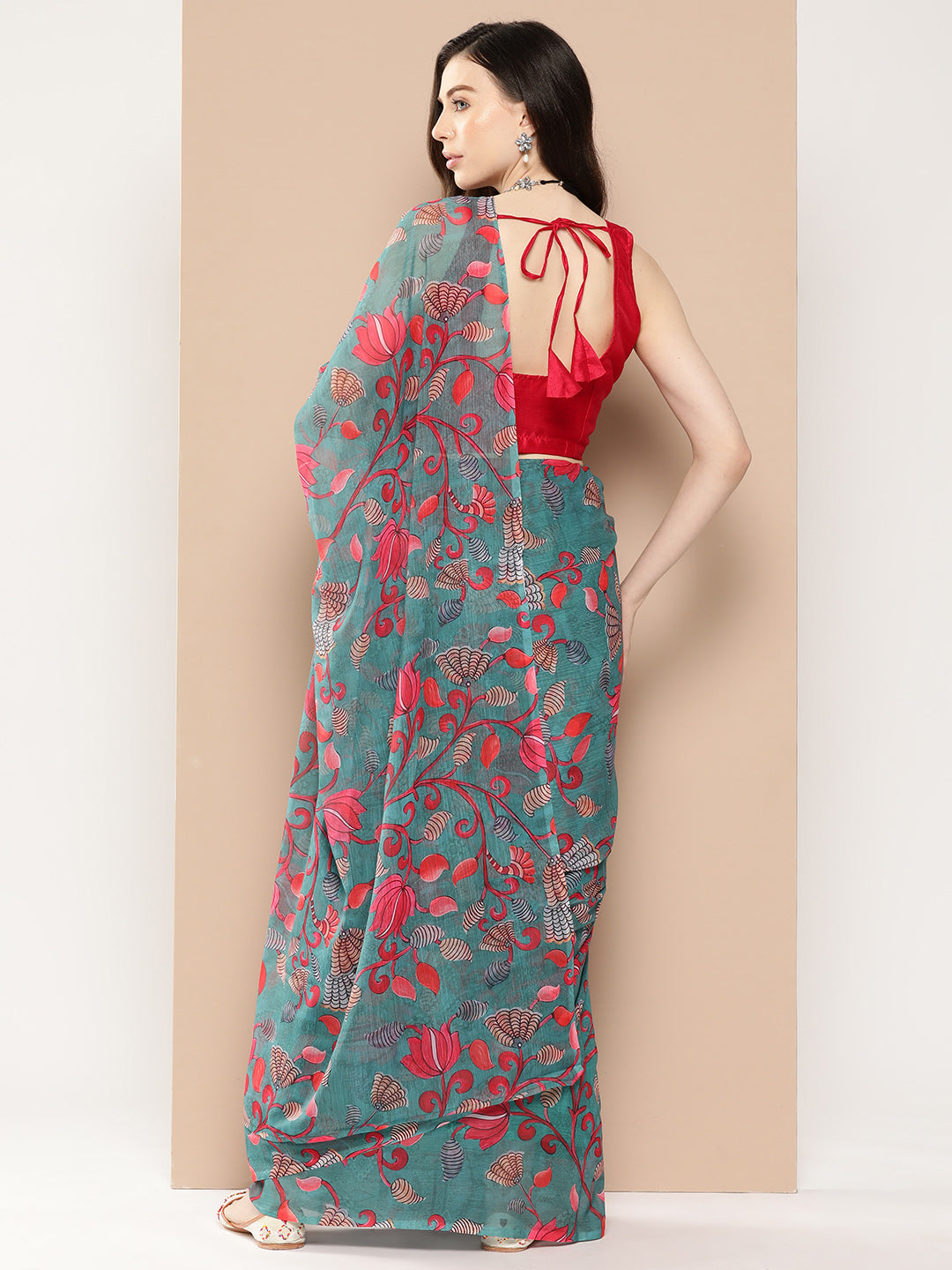 Green & Red Floral Print Poly Chiffon Saree