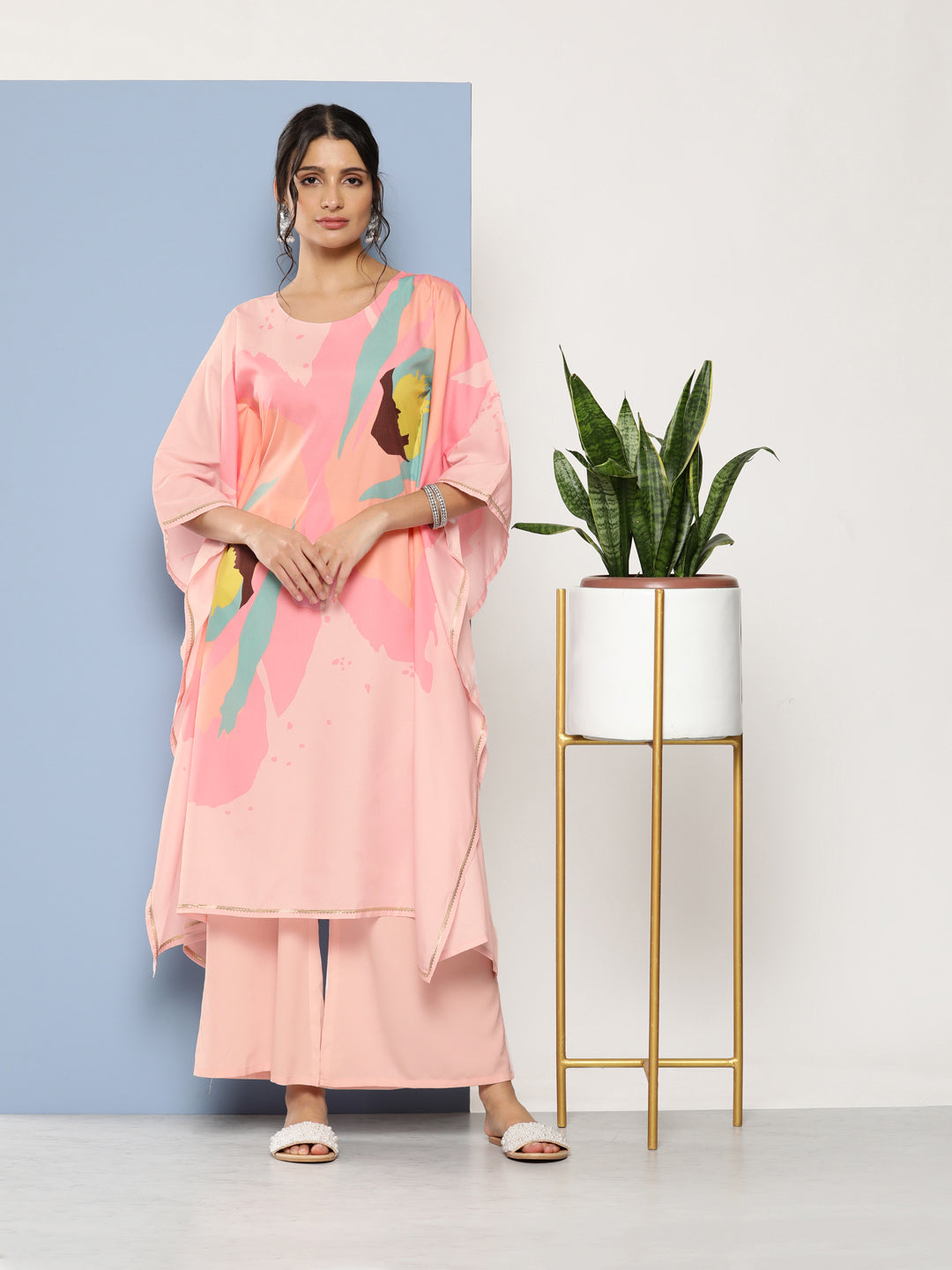 Pink Printed Gotta Patti Kaftan Kurta with Palazzos