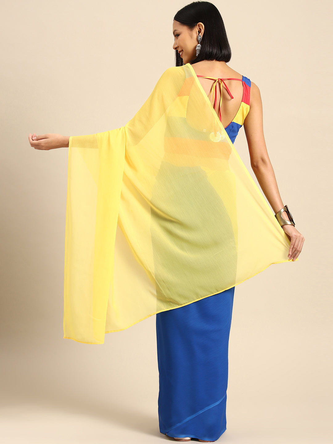 Yellow & Blue Colourblocked Poly Chiffon Half and Half Saree