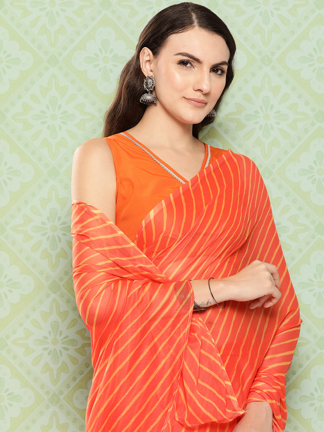 Orange Leheriya Print Poly Chiffon Saree