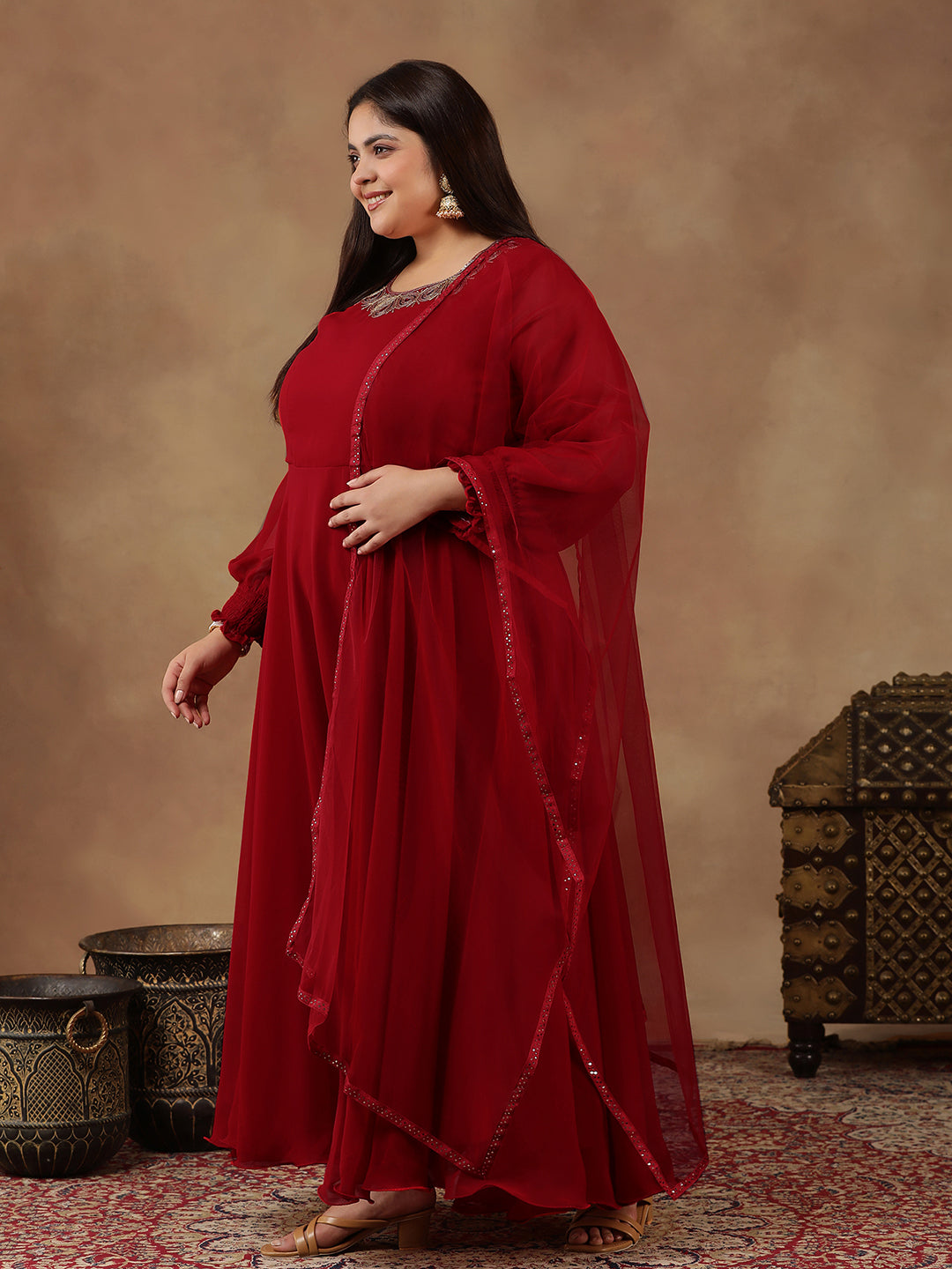 Yoke Design Sequinned Artwork Georgette Anarkali Kurta with Dupatta - ID