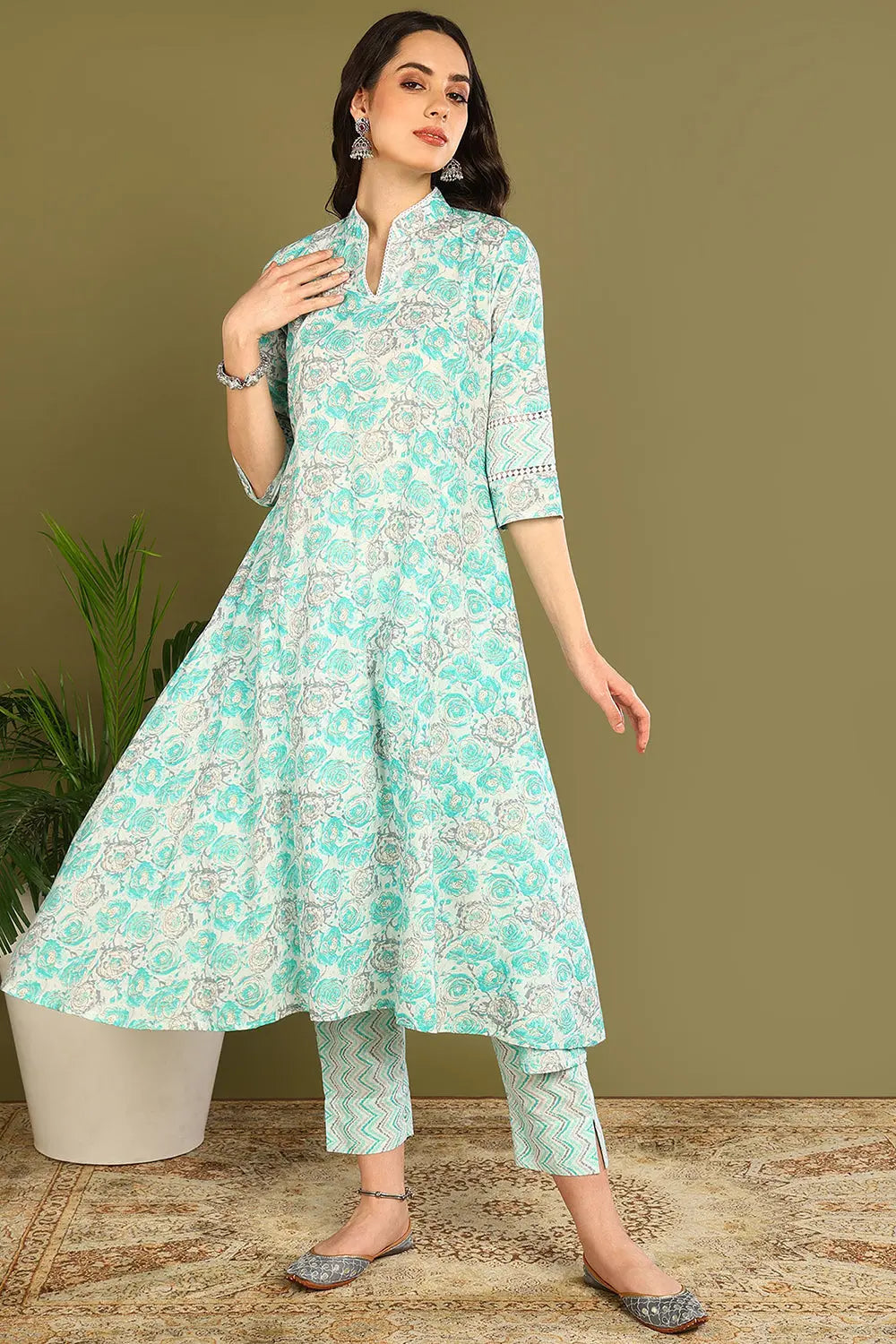 Green Printed 'A' Line Sanganeri Kurta