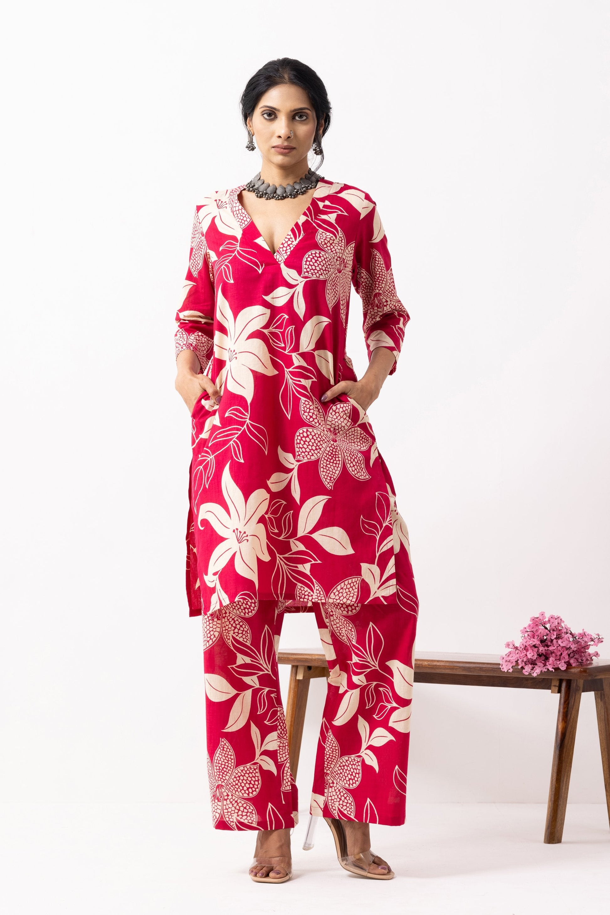 Crimson Red Block Printed Kali Kurta Set (Set of 2)- IC