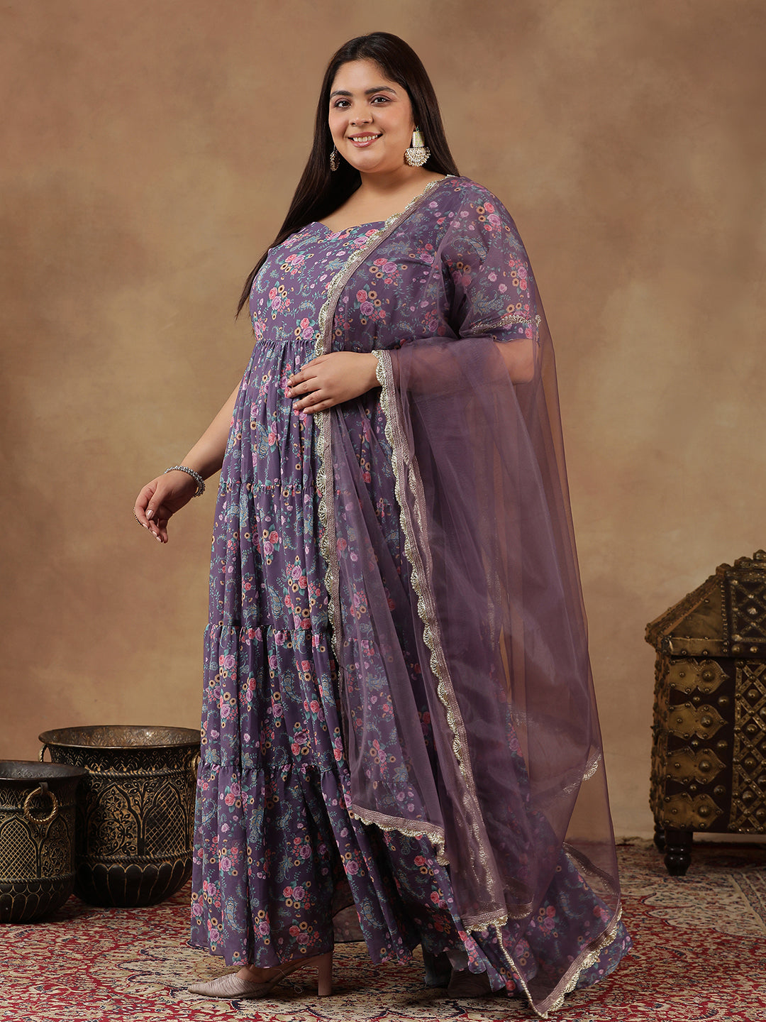 Plus Size Floral Printed Sweetheart Neck Tiered Anarkali Kurta With Dupatta - ID