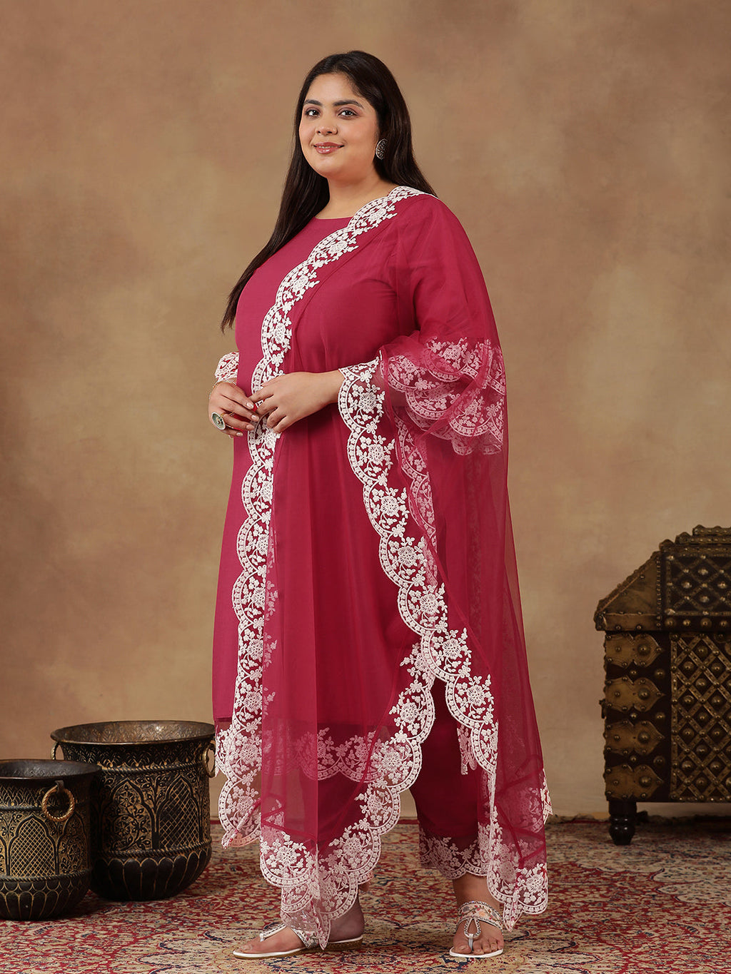 Plus Size Embroidered Thread Work Straight Kurta With Trousers & Dupatta - ID