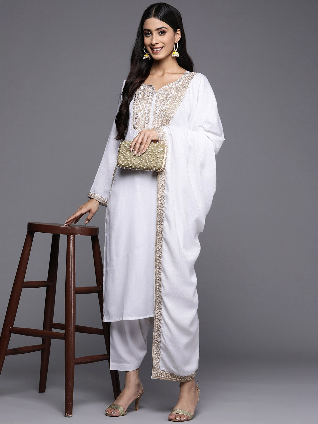 White Ethnic Motifs Embroidered Aari Work Pashmina Kurta with Salwar & With Dupatta