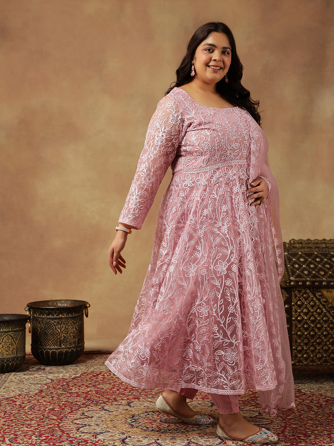 Floral Embroidered Regular Thread Work Anarkali Kurta With Trousers & Dupatta - ID