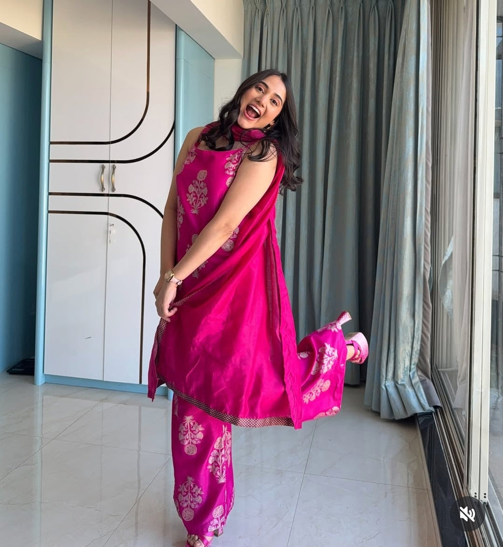 Pink Printed Kurti with Palazzos & With Dupatta-AH