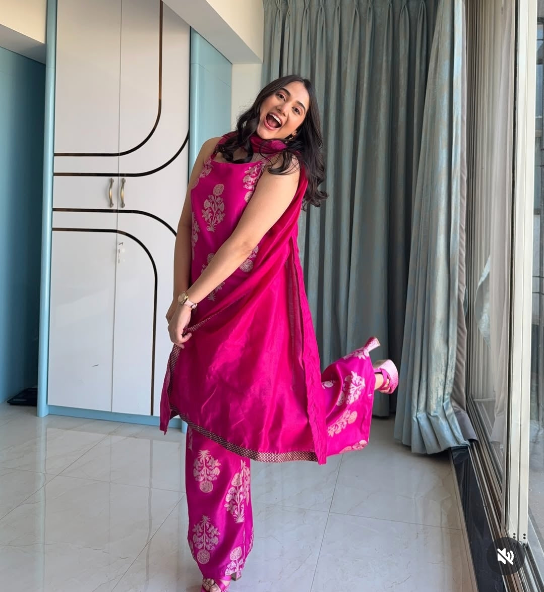 Pink Printed Kurti with Palazzos & With Dupatta-AH