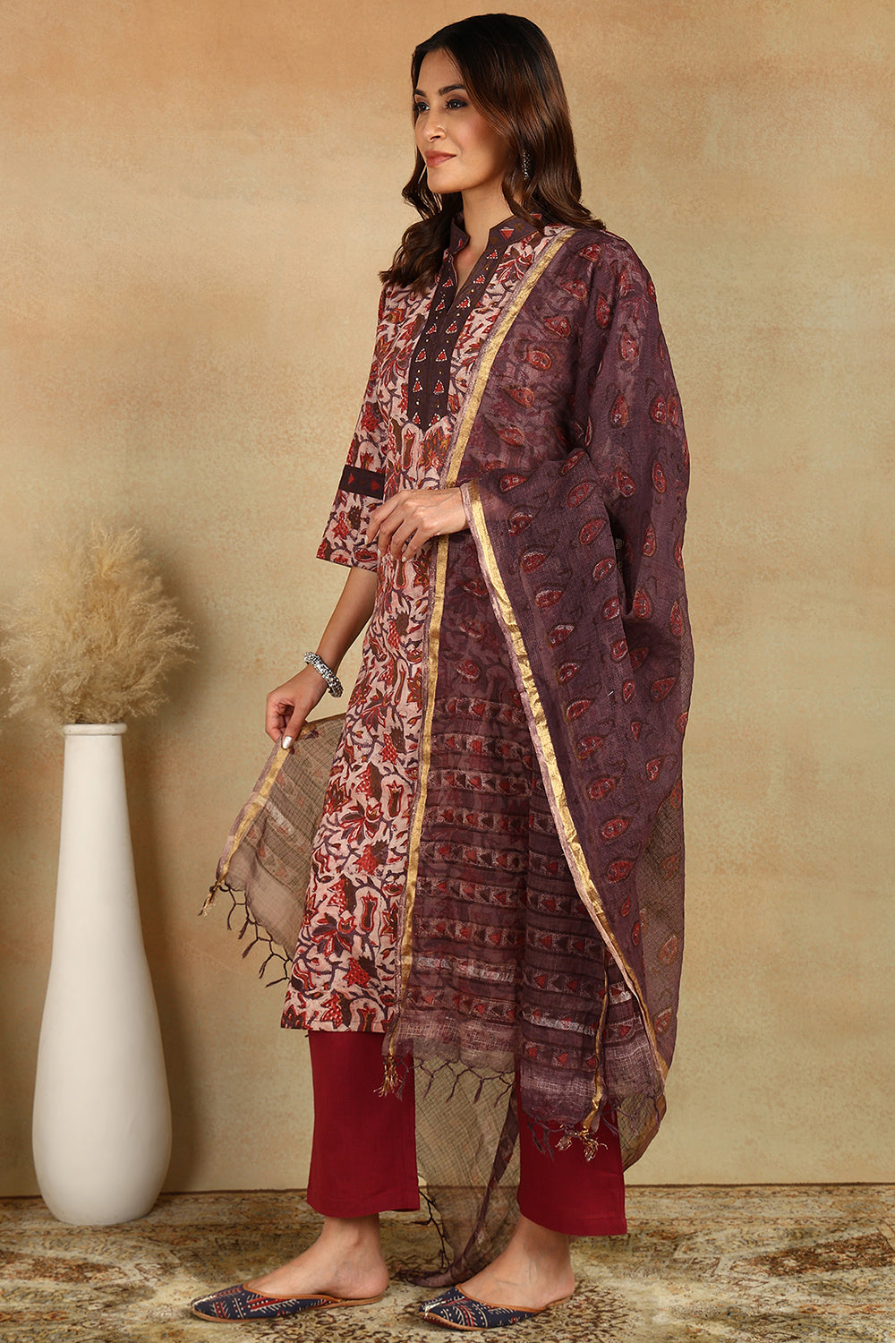 Maroon/Brown Kota Doria Dupatta