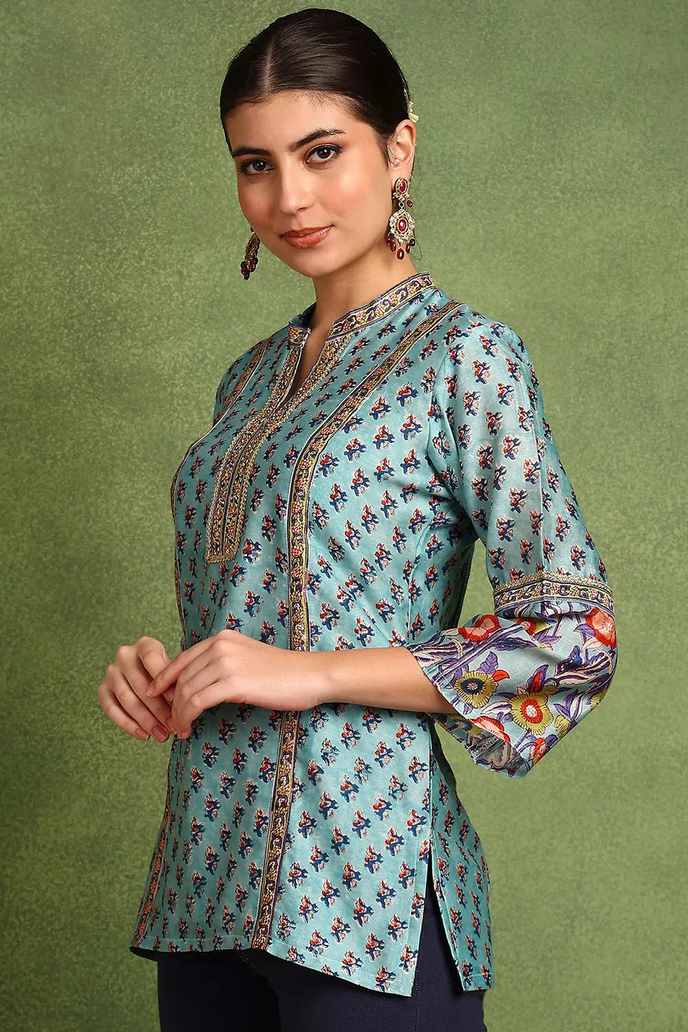 Blue Hand Block Printed Chanderi Silk Tunic