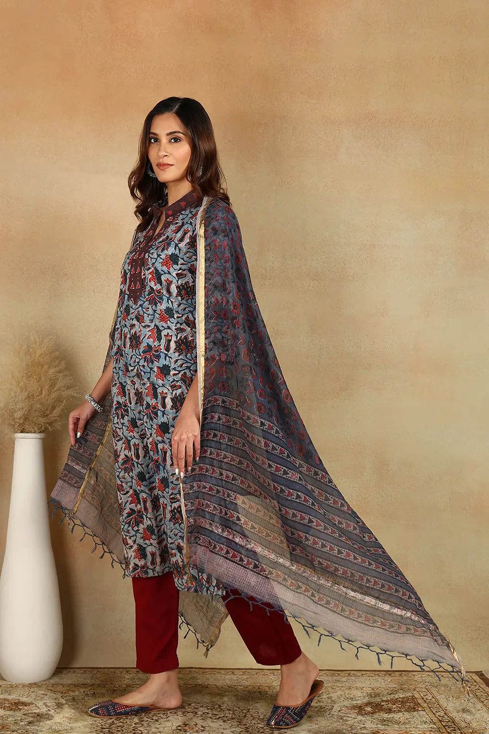 Navy Blue/Maroon Kota Doria Dupatta