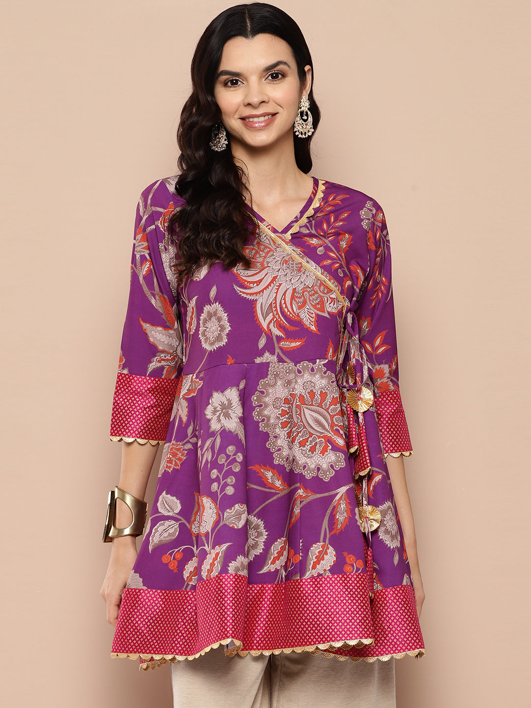 Purple Floral Print Ethnic Tie-Ups Tunic