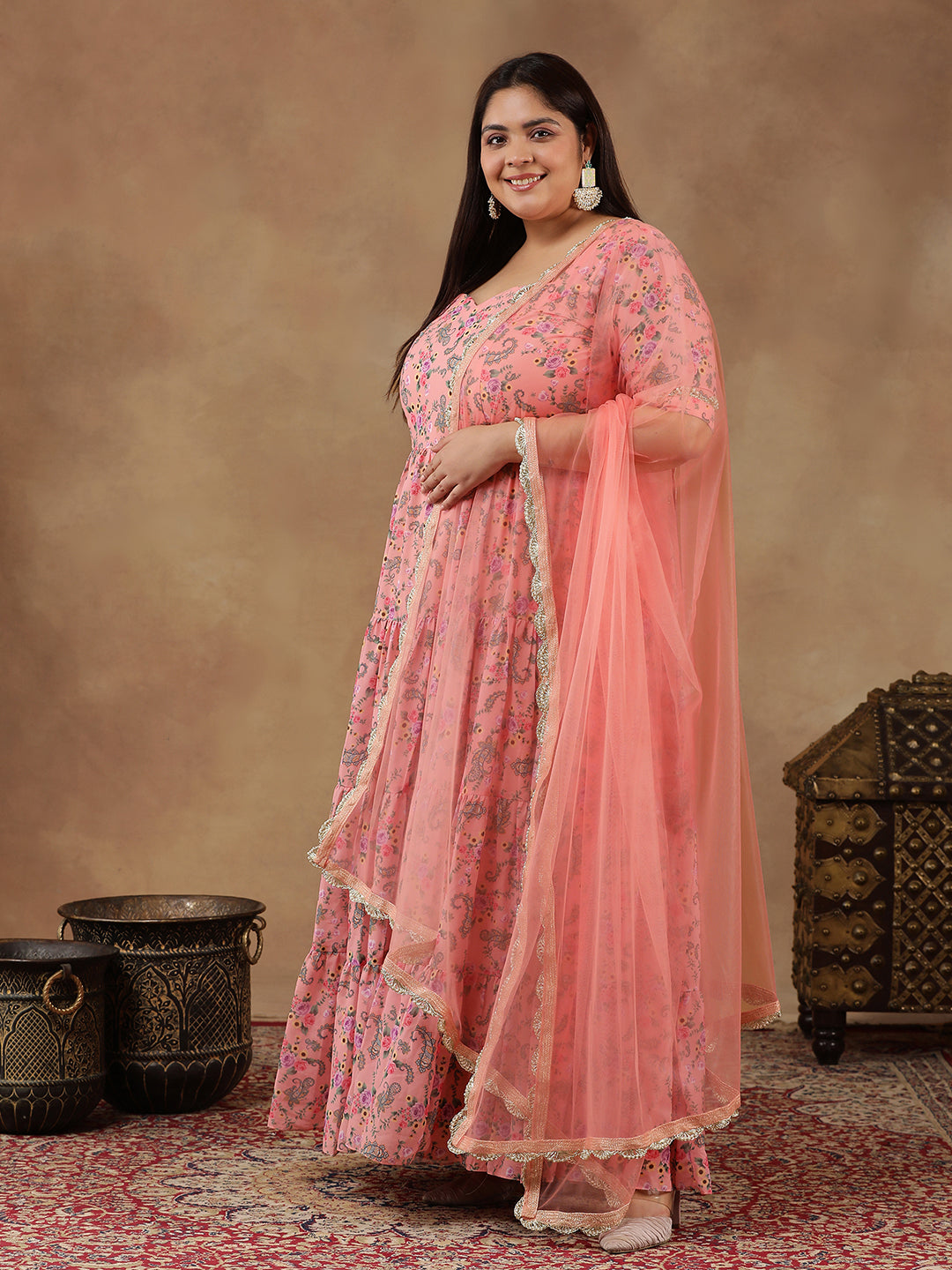 Plus Size Floral Printed Tiered Flared Kurta With Dupatta - ID